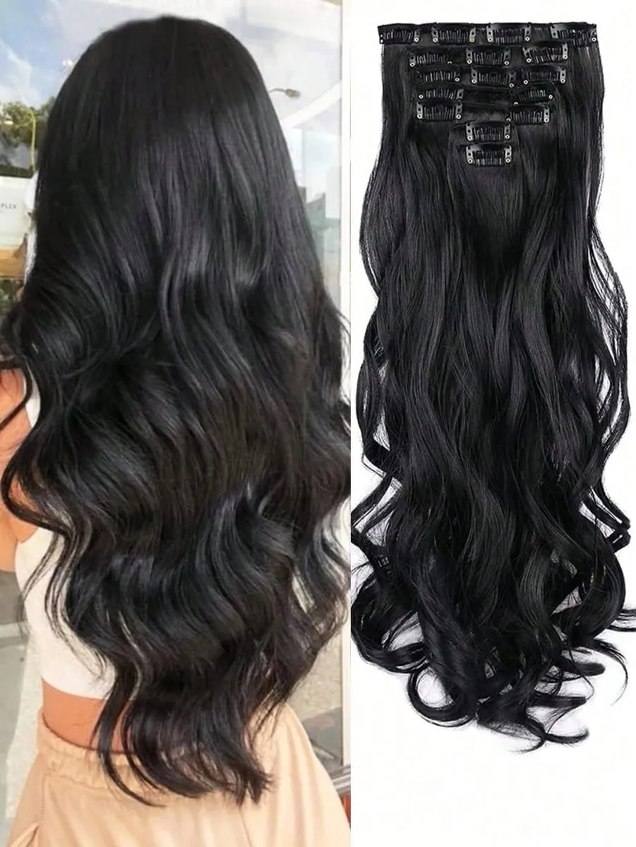 18~30 inch Long Wavy Clip-in Hair Extensions 7pcs/set Thick Hair pieces With Invisible Clips Soft Synthetic Fiber Black — image 1