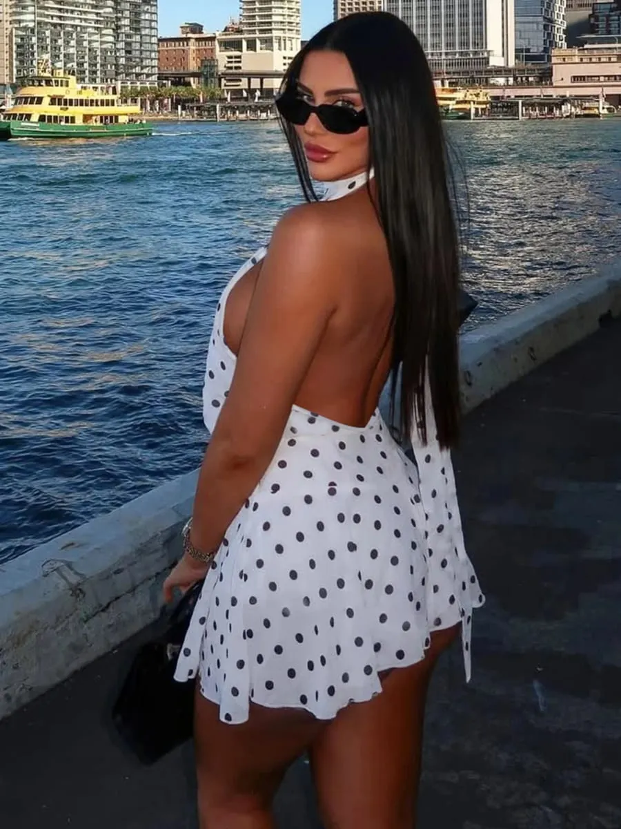 Hugcitar Polka Dot Cetak Halter Tanpa Lengan Pembalut Tanpa Belakang Seksi Slim Mini Dress Musim Panas Wanita Fesyen Pakaian Percutian Parti
