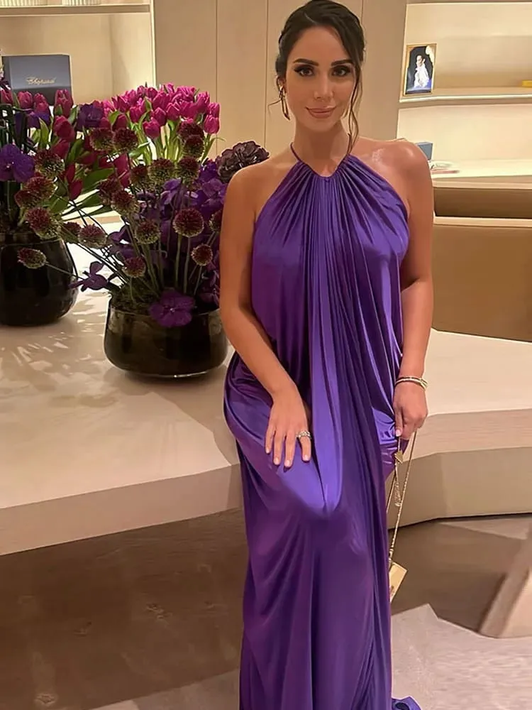 Weird Puss Elegant Ruched Halter Dress Woman Sexy Sleeveless Summer Trend Silky Skinny Gown Robe Vacation Banquet Party Vestidos
