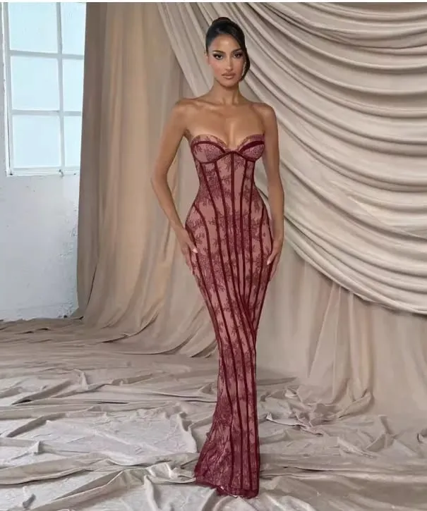 Elegant Chic Gauze Fishbone Party Gown Off-shoulder Strapless Maxi Dress Women Lace Shaping Waist Vestidos 2026 Evening Dresses — image 1