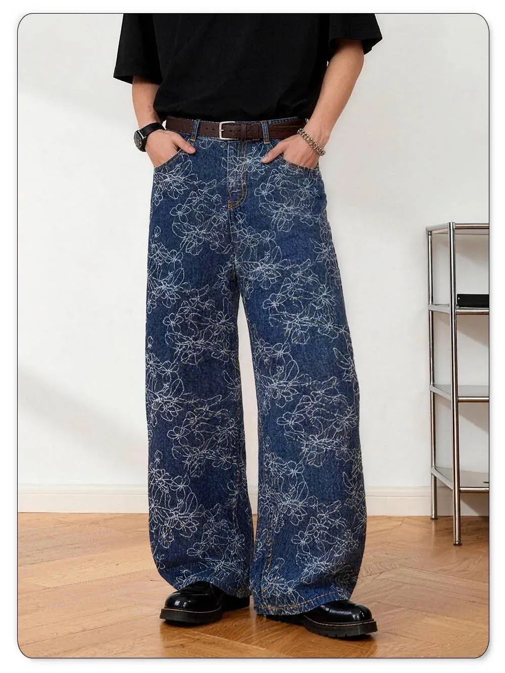 Japanese-Korean Style Floral Jacquard Baggy Wide-leg Jeans American Retro Floral Daily Casual Wide-leg Denim Pants Unisex