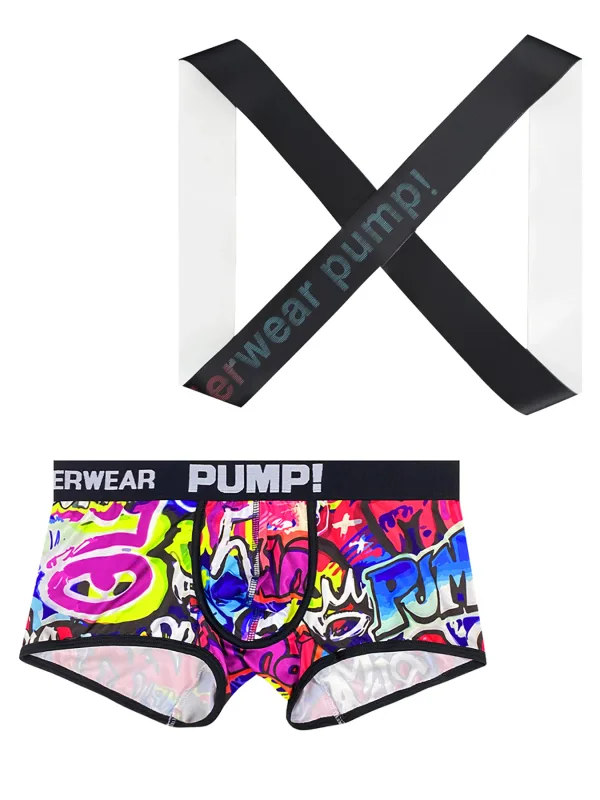 Men's 2-Piece Graffiti Print Boxer Brief & Shoulder Strap Set - "WEAR PUMP!" Logo, Comfort Breathable Athletic Underwear