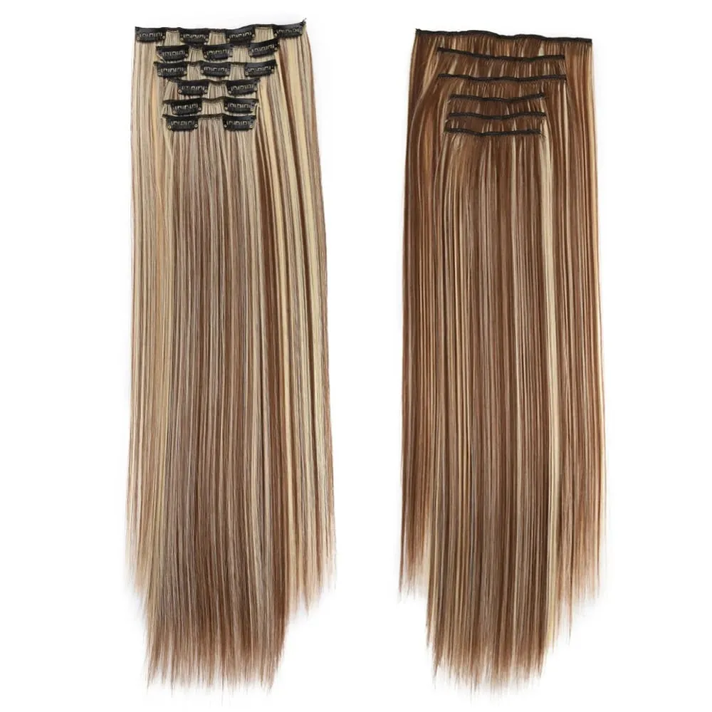 6PC Long Clip in Hair Extensions Brown Synthetic Straight Clip-in Hairpieces 24 inch Straight Hair Piece Extensions for Women