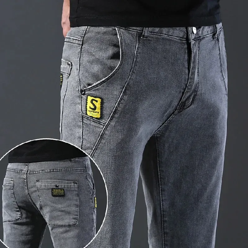 Men's Fashion Letters Denim Pants Slim Straight Gentleman Slacks Fashion European American Style Stretch Men Luxury Jeans Grey