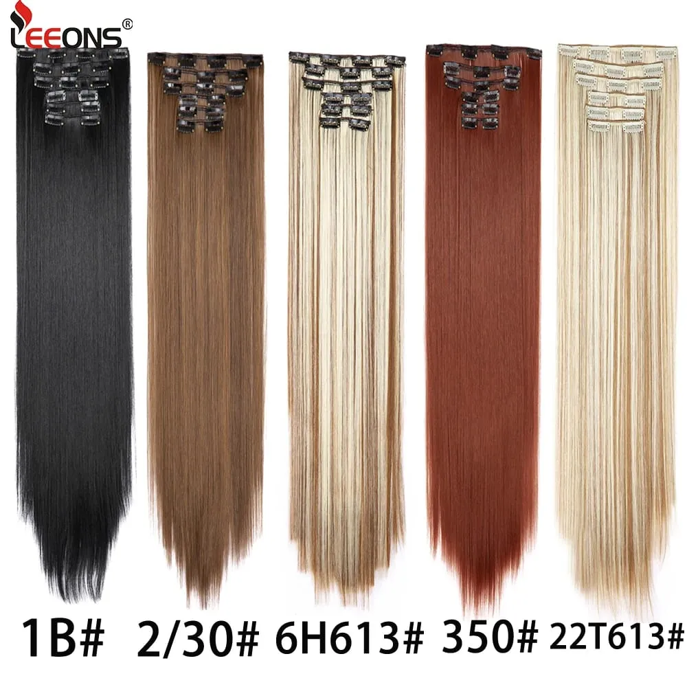 6Pcs/Set 16 Clips In Hair Extensions Black Brown Straight Synthetic Hairpieces 30Inch Thick Hair Extension For Girls Daily Use