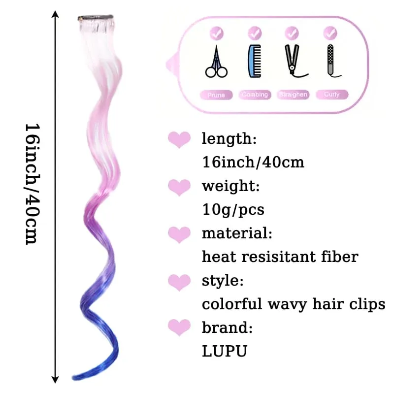 2pcs 16 Inch Colorful Hair Extensions Synthetic Ombre Wavy Clip in Hair Extensions Lightweight Hairpieces for Women Party Wear