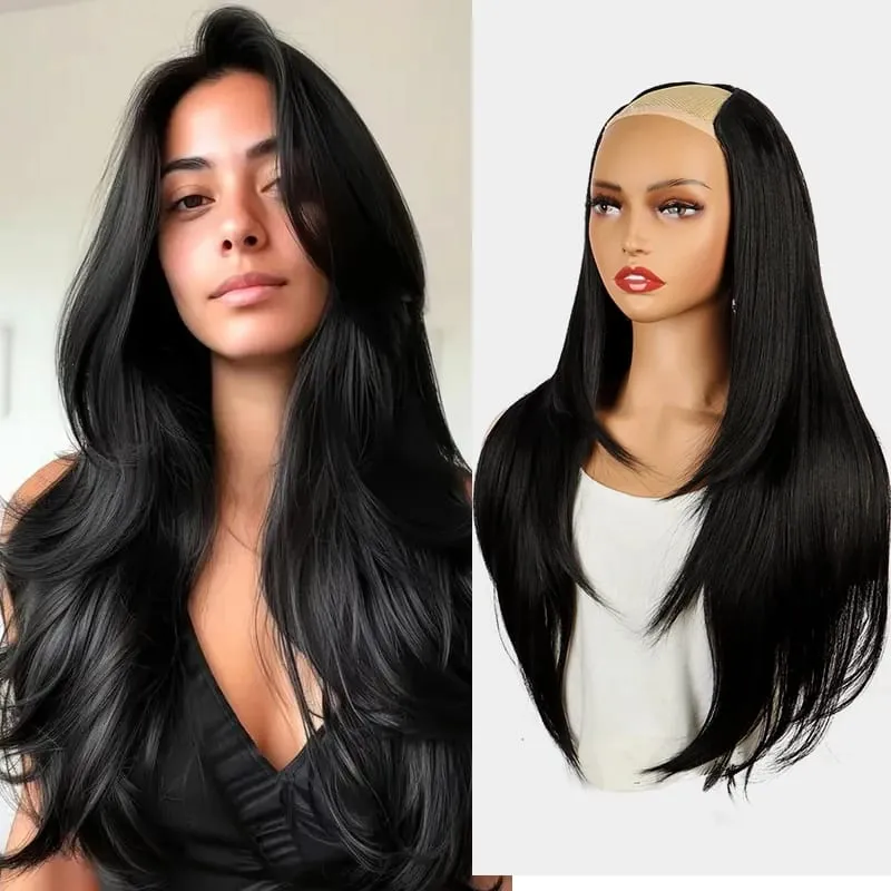 22Inch Synthetic Long Straight V-Shaped Layered Clip-In Hair Extensions for Women Invisible Seamless Hairpiece for Women