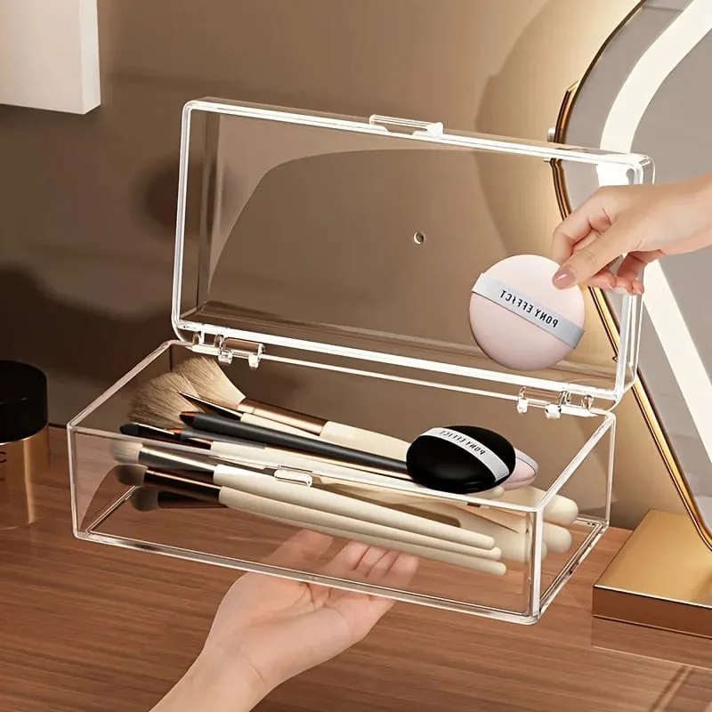 Stackable Acrylic Makeup Brushes Storage Box with Lid Clear Makeup Sponges Organizer Dustproof Cosmetic Tools Puff Storage Case
