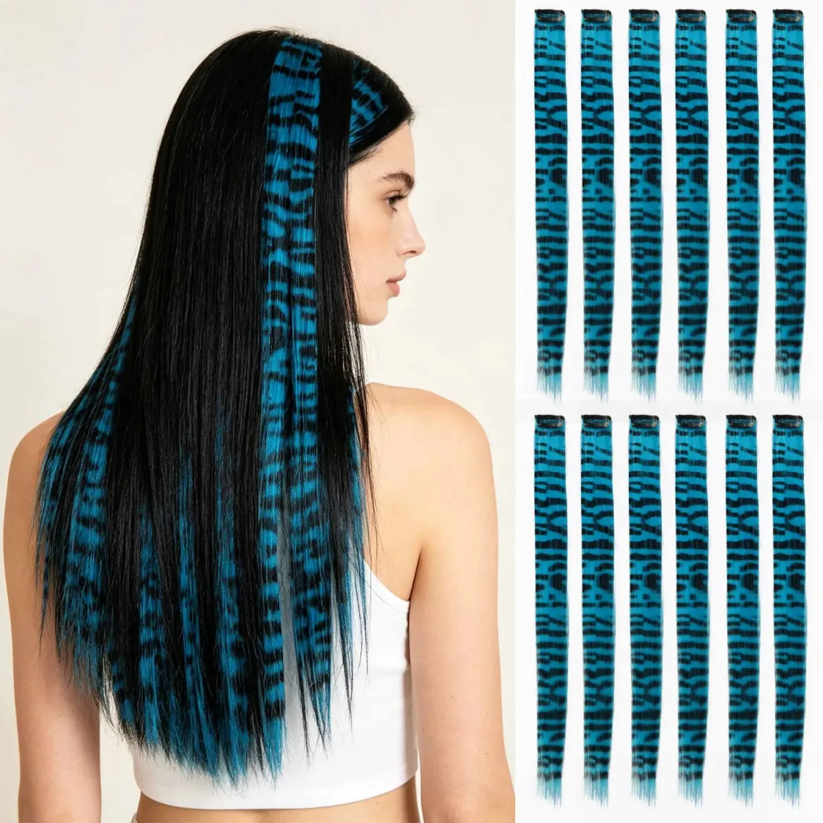 Synthetic clip in colorful striped hair Clip in feather hair extensions 18inch for women ladies daily party holiday