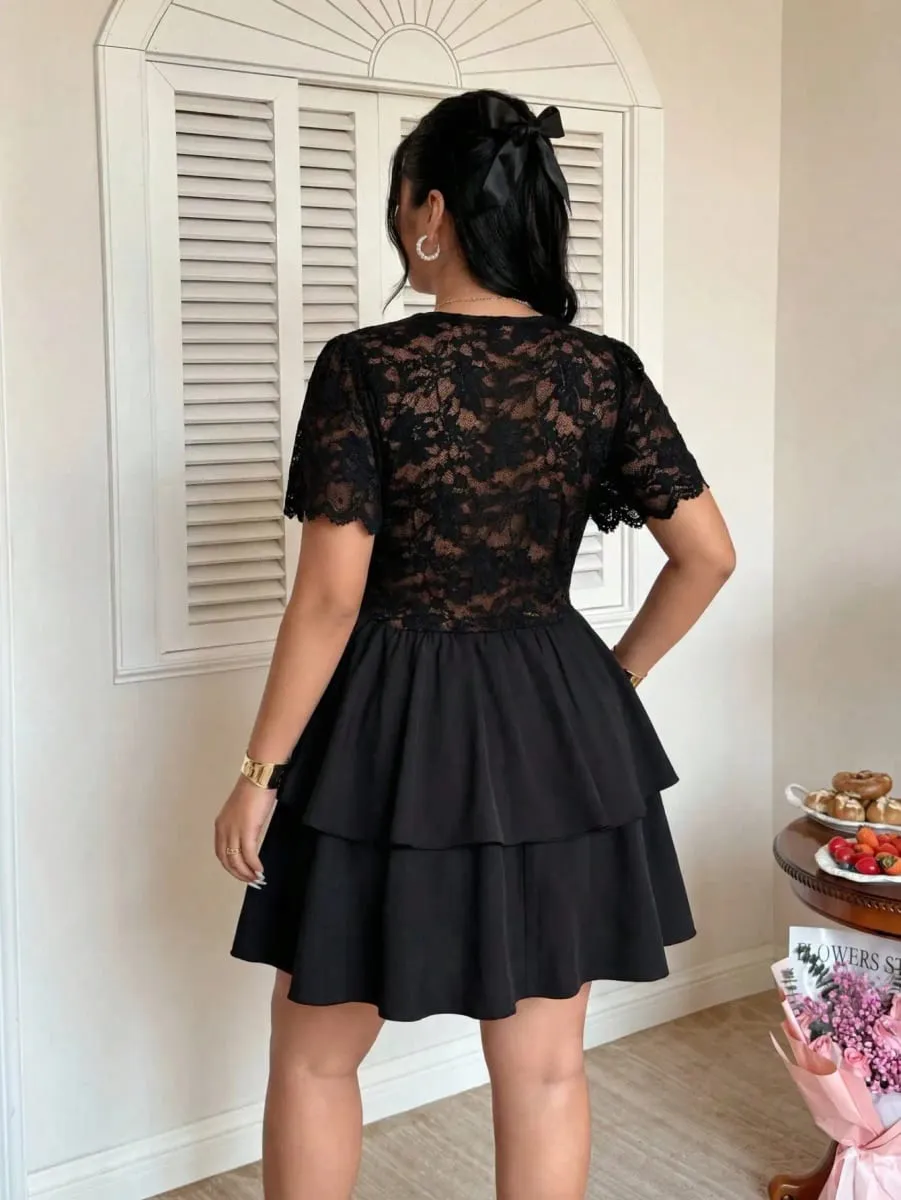 Elegant Lace Hollow Patchwork Cake Dress Plus Size Women's Dress Summer Vintage Ruffle Hem Party Evening Gown