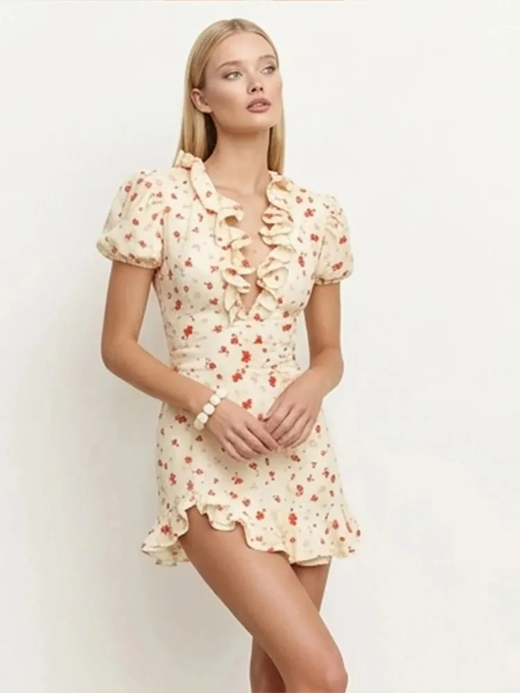 Sexy Print Ruffle Chiffon Mini Dress Women Chic Deep V-neck Long Puff Sleeve Cinched-waist Dresses 2026 Lady Vacation Party Robe
