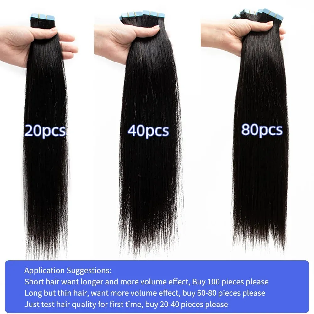 Invisible Tape In Human Hair Extensions Light Yaki Straight Tape ins Remy Hair Nature Black Color 1B# 12-24 Inches Easy To Wear