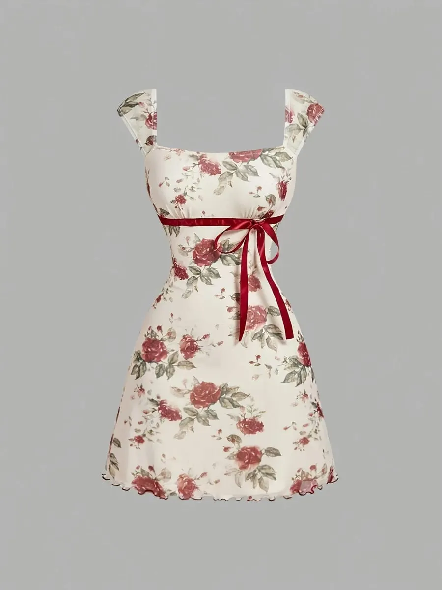 Dresses for Women Summer New Sleeveless Square Collar Women Dress Print Lace-up Short Dress Women Vestidos De Verano Mujer