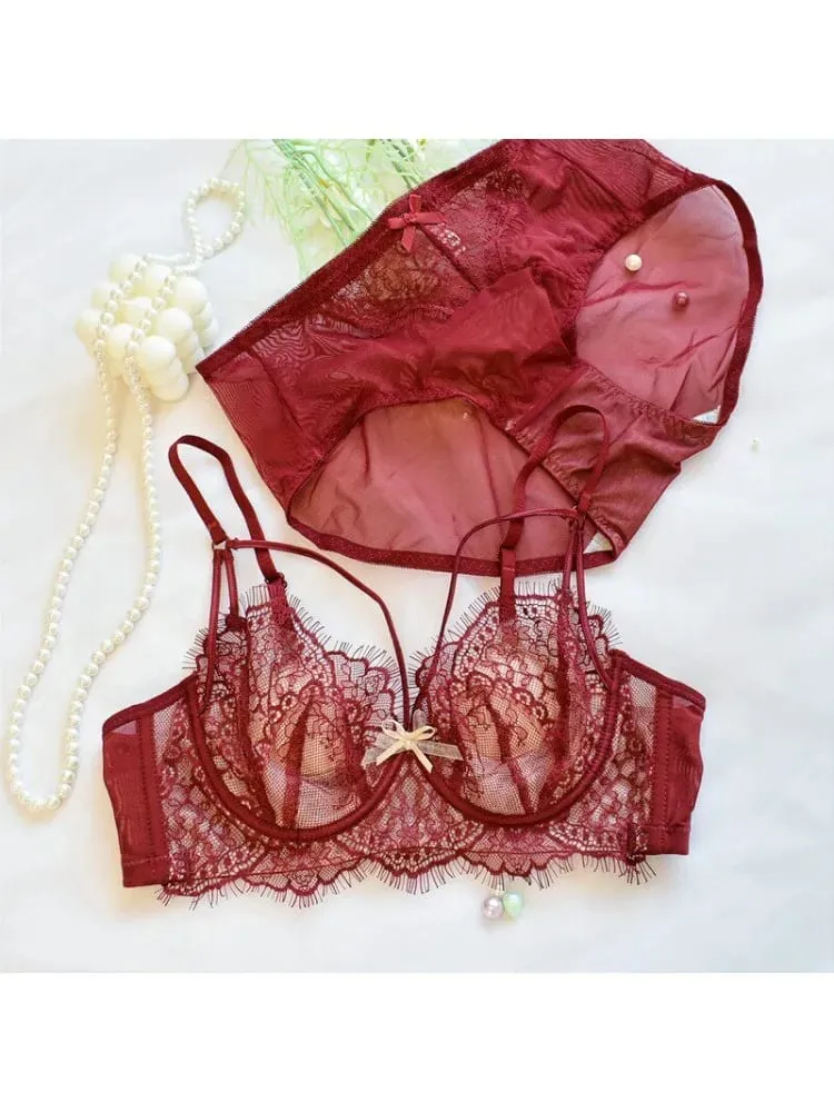 Korean Hot Trend Pure Desire Lace Bra Set Underwire Thin Cup Push Up Large Bust Visually Small Anti Droop Lingerie 32-38 Hot