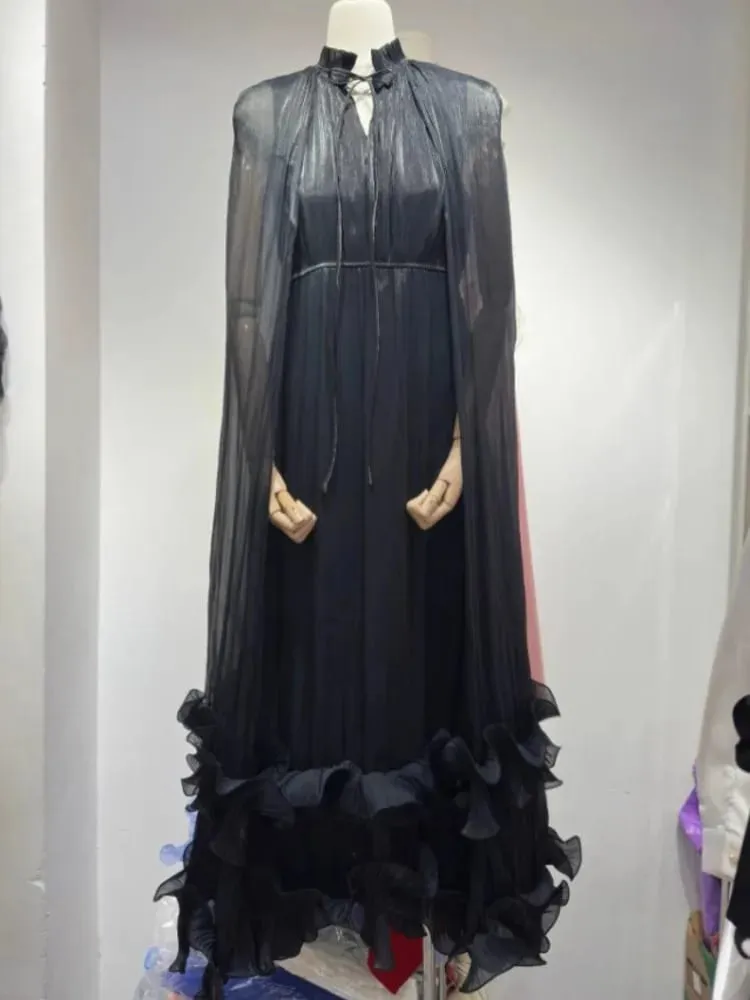 Commuting Style V-neck Cape Style Black Fungus Edge Double-layer Hem Dresses For Women 2026 Autumn New