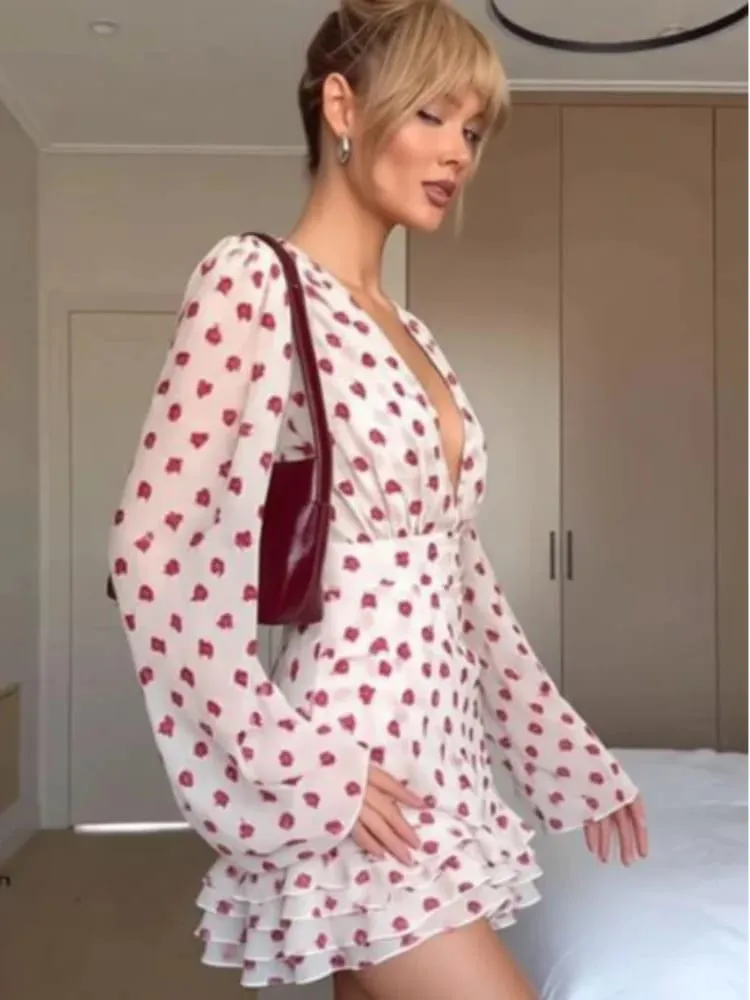 Sexy Print Ruffle Chiffon Dress Women Chic Deep V-neck Long Puff Sleeve Cinched-waist Mini Dresses 2026 Lady Vacation Party Robe