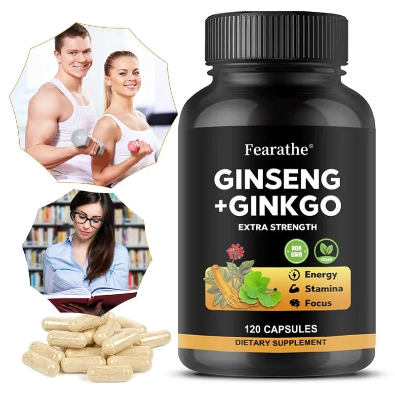 Korean Red Panax Ginseng + Ginkgo Biloba Capsules - Energy Focus & Heart Health Support 5% Ginsenosides Vegan Non-GMO