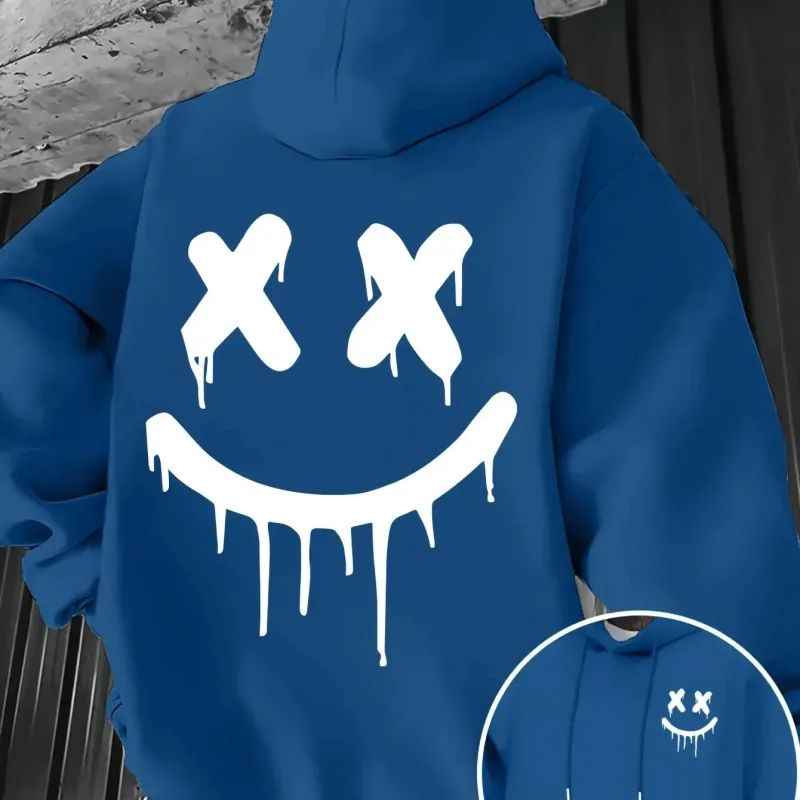 Smiley face print men's and women's autumn winter trendy printed hooded fleece sweatshirt front back casual hoodie