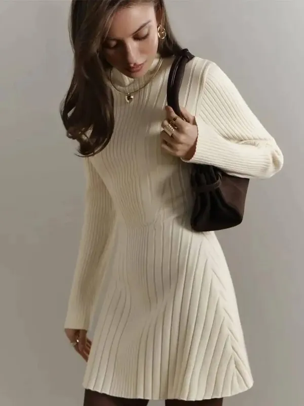 Knitting Dress Women's 2026 Spring Knitted Dress Long Sleeve Semi-High Neck A Line Skirt For An Elegant And Playful Look