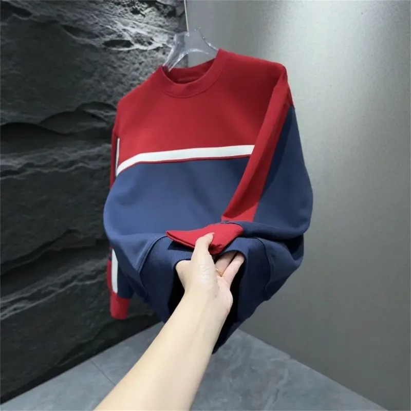 New Round Neck Contrasting Color Sweatshirt Bottoming Shirt Autumn Trendy Brand Top Men's Versatile Casual Trend Hoodies