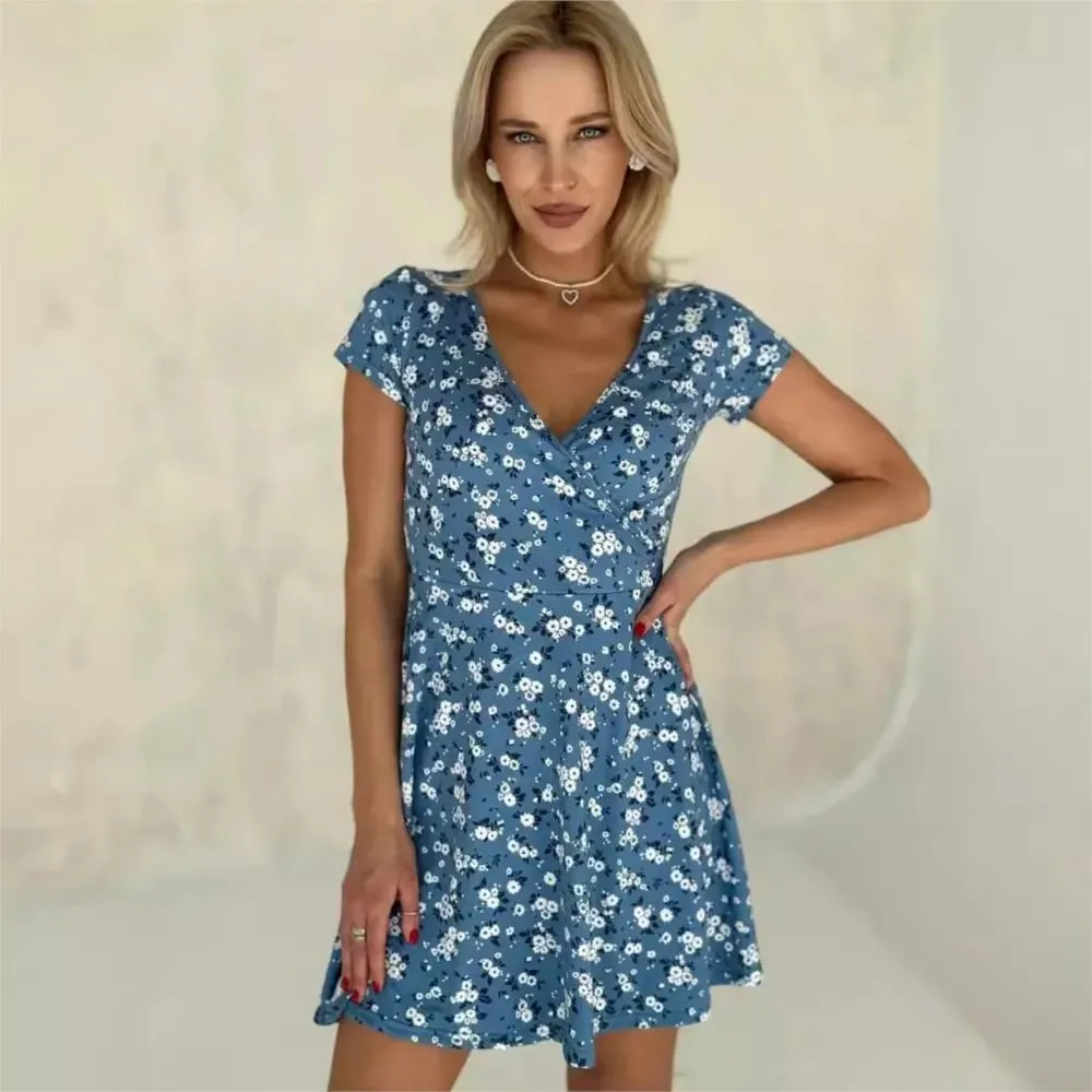 Summer Dresses For Woman New Fashion Sexy V-neck Floral Dress Short-sleeved Temperament Vestidos Slim Vacation Trendy All-match