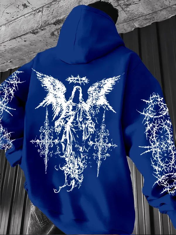 Men's Angel-themed graffiti thorn print streetwear hip-hop punk style hooded sweatshirt regular fit version sweatshirt hoodie — image 3