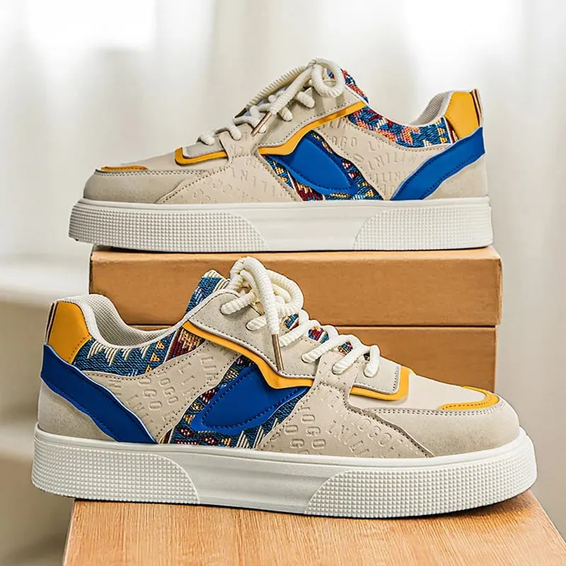 Men's Vintage Patchwork Platform Sneakers - Ethnic Tribal Print Low-Top Casual Shoes Retro Fashion Walking Sneakers for Men
