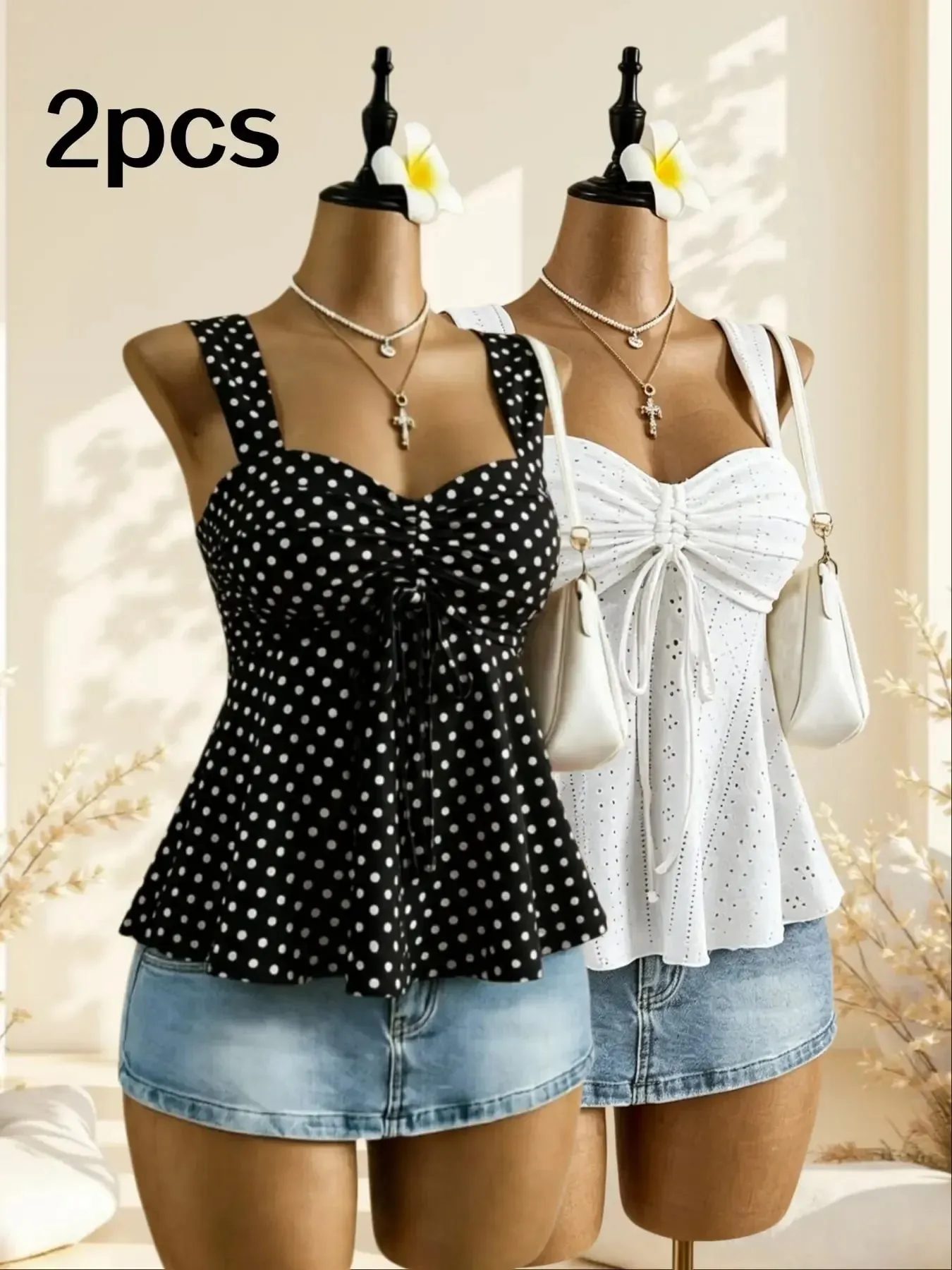 Women Sweetheart Neck Drawstring Ruched Peplum Cami Top Polka Dot Print Sleeveless Casual Camisole Outfit