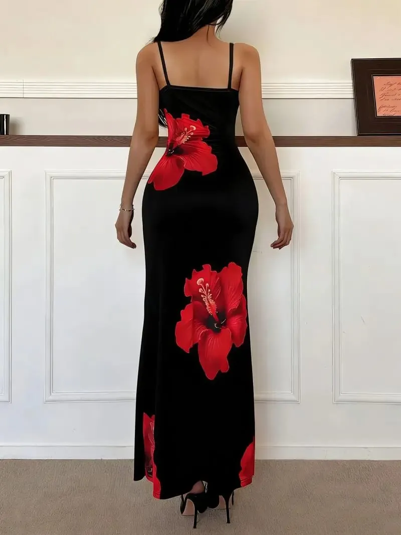 Slim Fit Thin Strap Camisole Long Dress Waist Cinching Slimming Temperament Hip Hugging Gown for Women