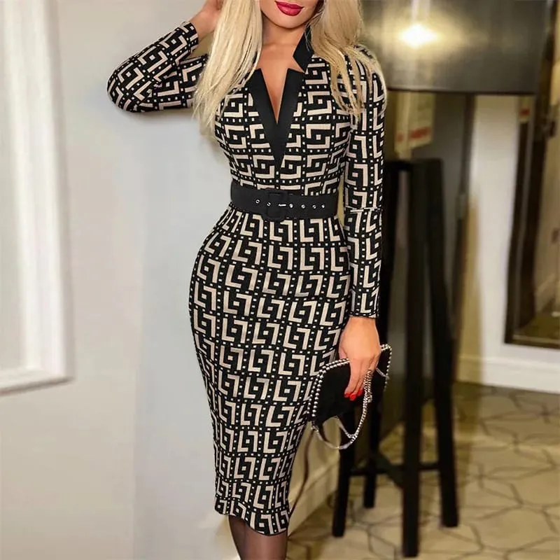 Dames sexy midi-kokerjurk met geometrisch patroon, V-hals en riem, gebreide bodycon-jurk met lange mouwen, geschikt voor alle seizoenen