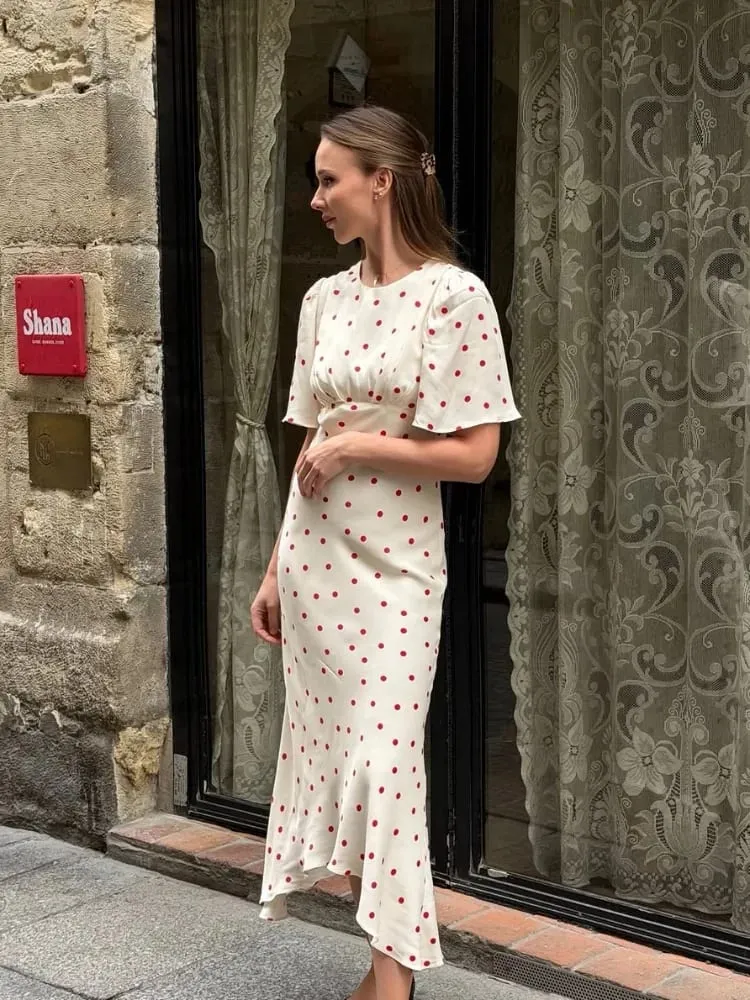 Women's White Red Polka Dot Mixi Dress Elegant Round Neck Flutter Short Sleevewaist Cinching Dresses Women Summer Daily Outfit