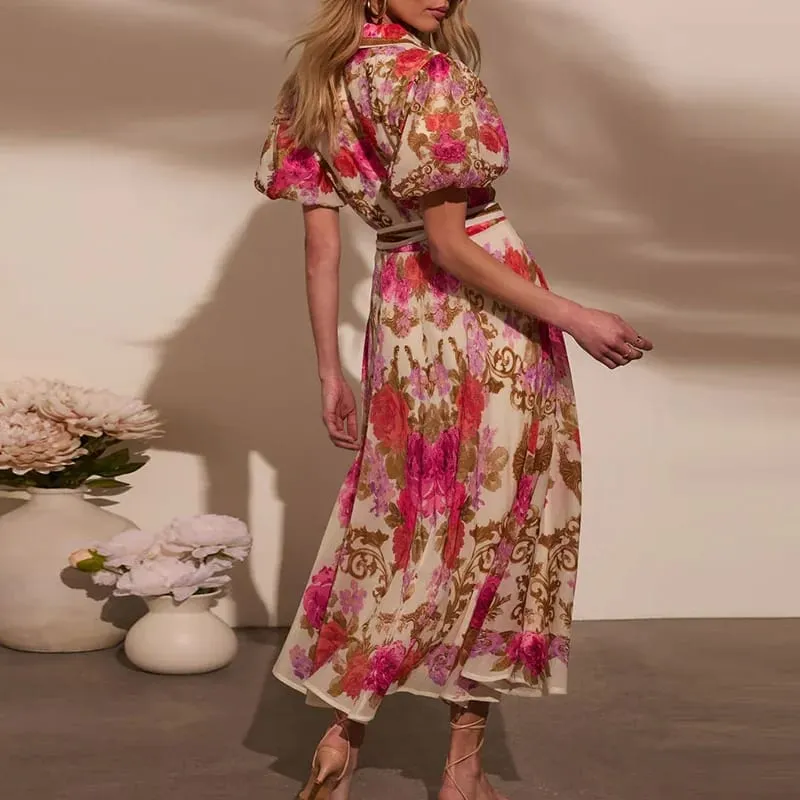Kvinnor Casual Blommönster Bohemisk festklänning Chic sommar Lång klänning med snörning Dam Elegant enkelknäppt skjortor Klänning 2025