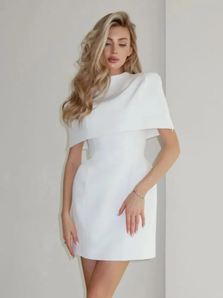 Solid Shawl A-line Dress Women Elegant Round Neck Waist Cinching Slim Short Mini Dresses 2026 Lady Daily Party Evening Vestido