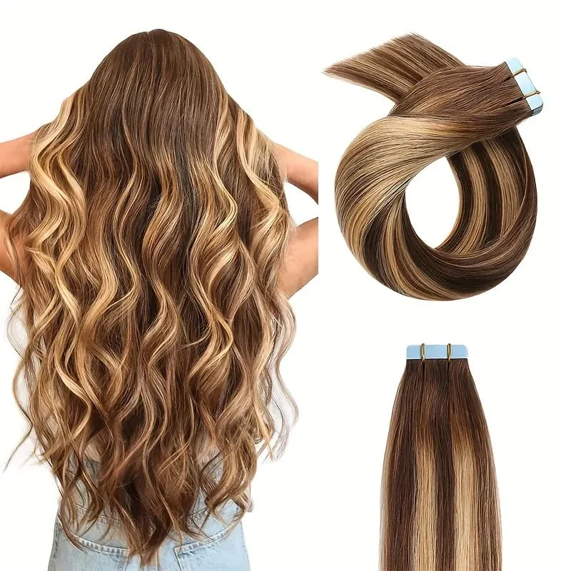 Ugeat Tape in Synthetic Hair Extensions 24' Machine Remy Hair Straight Hair Ombre Blonde Color Hair 3g/Pcs 30G/10 Pcs