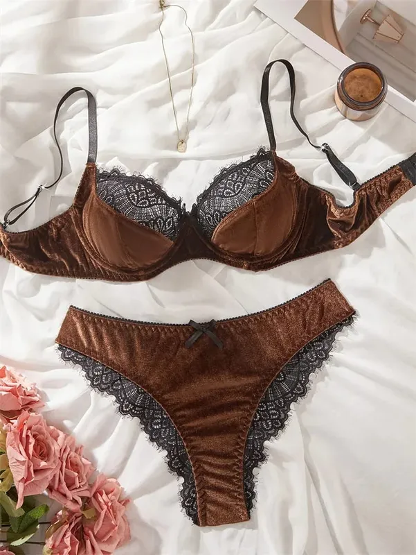 Sexy Lingerie Luxury Velevet Lingerie Set Sweet Lace Splicing Sexy Bras French Underwear Women Set Three-point Intimate Lingerie