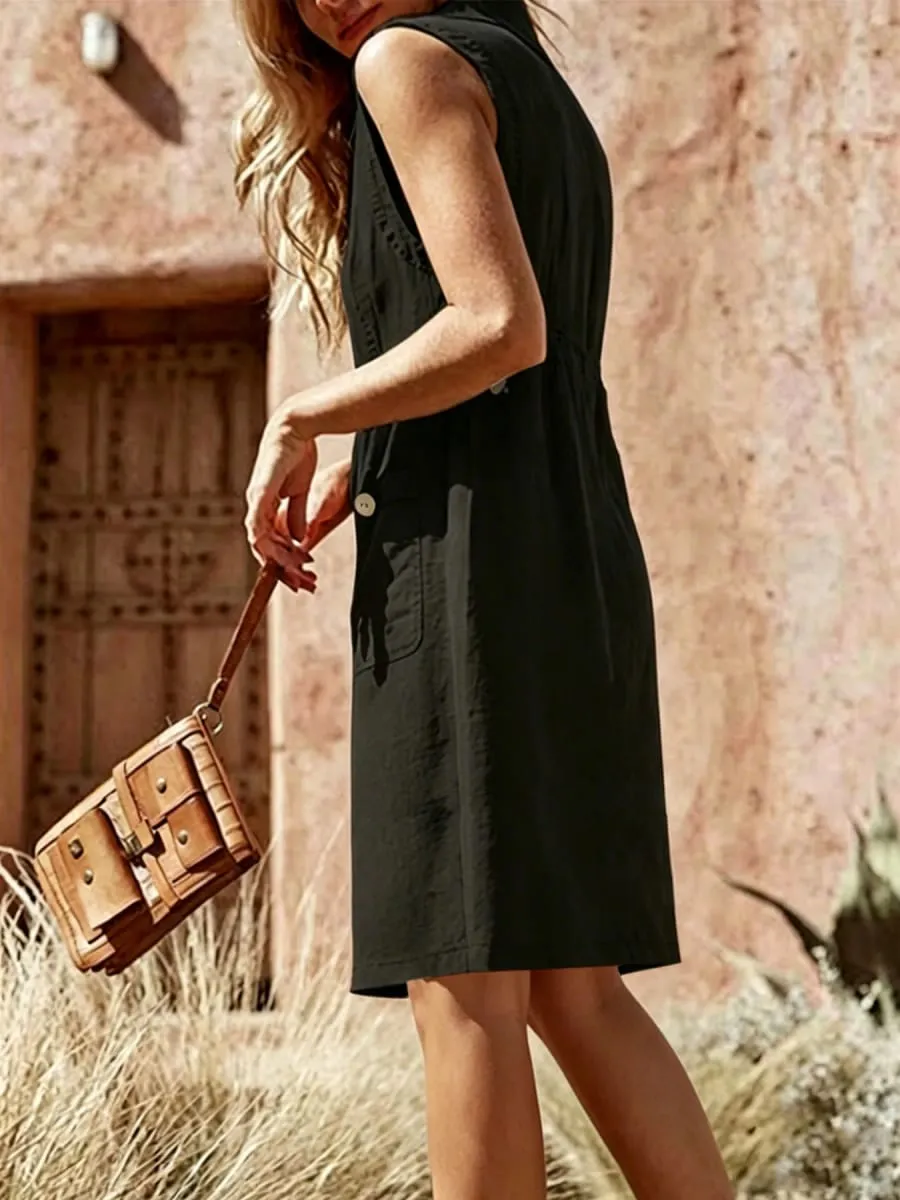 Women's dress summer new fashion V-neck single breasted buckle buckle dress pocket design sense skirt