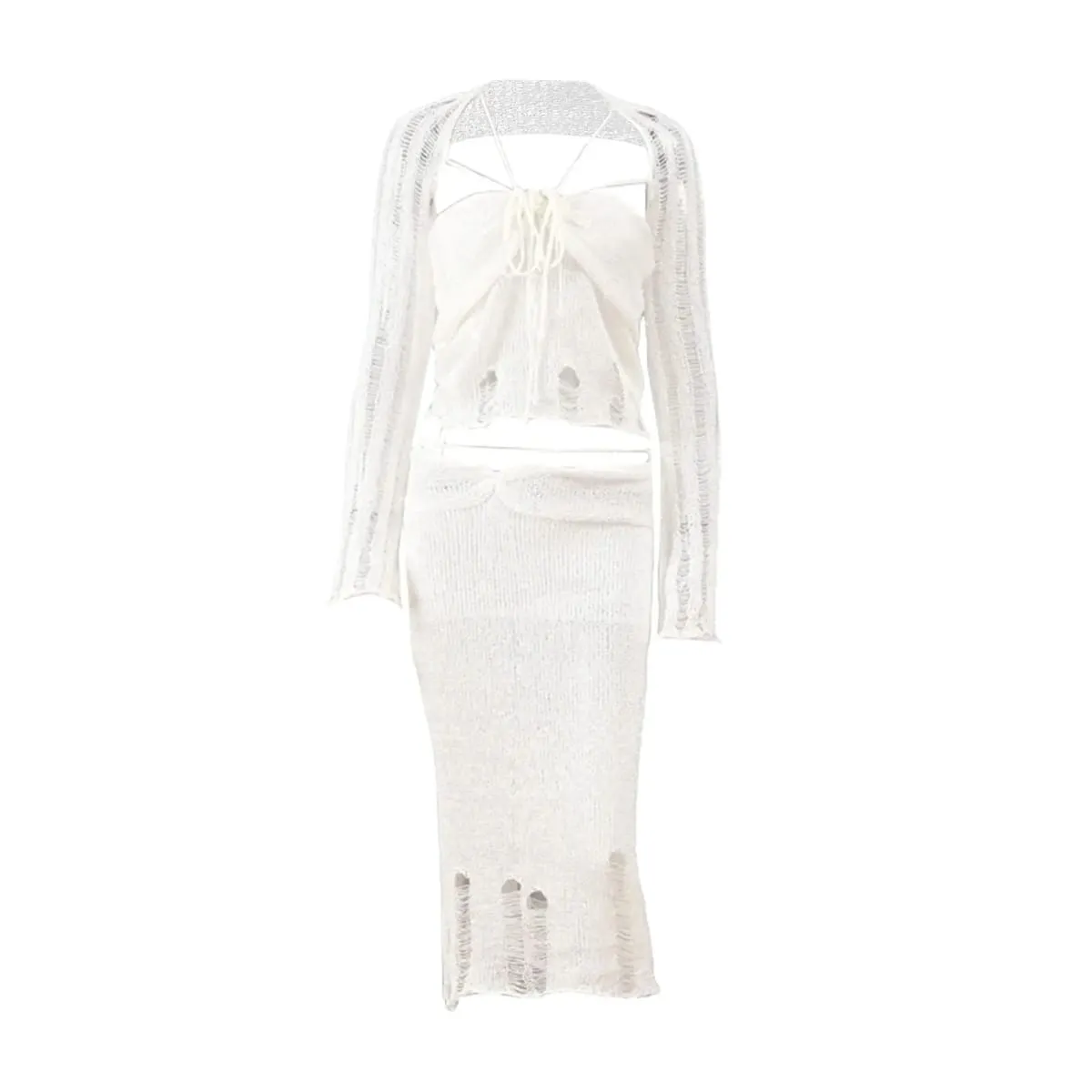 Sexy Hollow Out Sequined Knitted Dresses Summer Women Slim Dress Sets Long Sleeve Cutout Crop Top Beach Vacation Long Skirt Set
