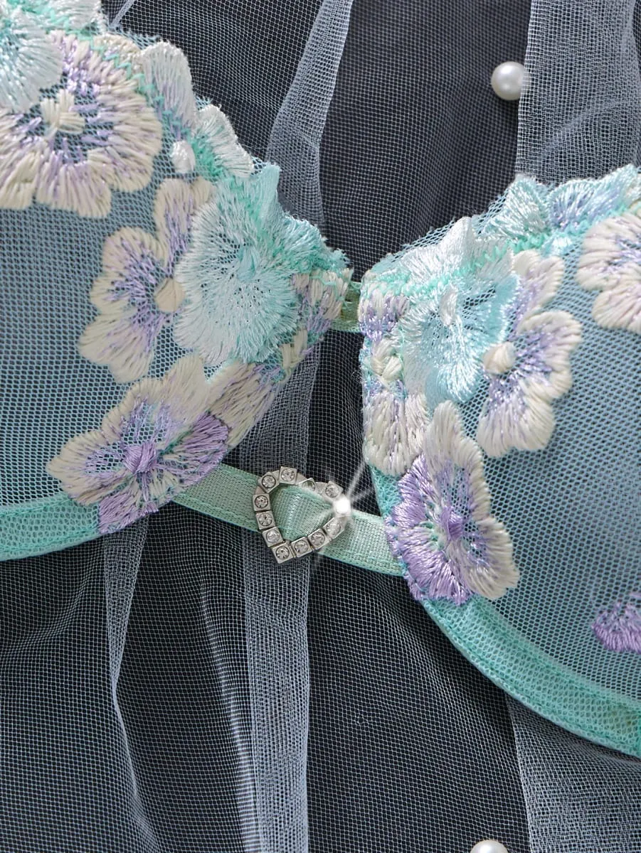 Women Sweet Flower Embroidered Lace Bra Set With Underwire Transparent Mesh Side Bow Panties Romantic Lingerie S-XL Sizes