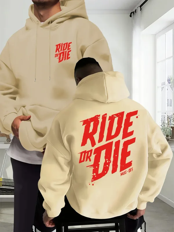 Men's Biker Hoodie Ride Or Die Letter Graphic Back Print Oversized Sweatshirt Motorcycle Streetwear Autumn Winter