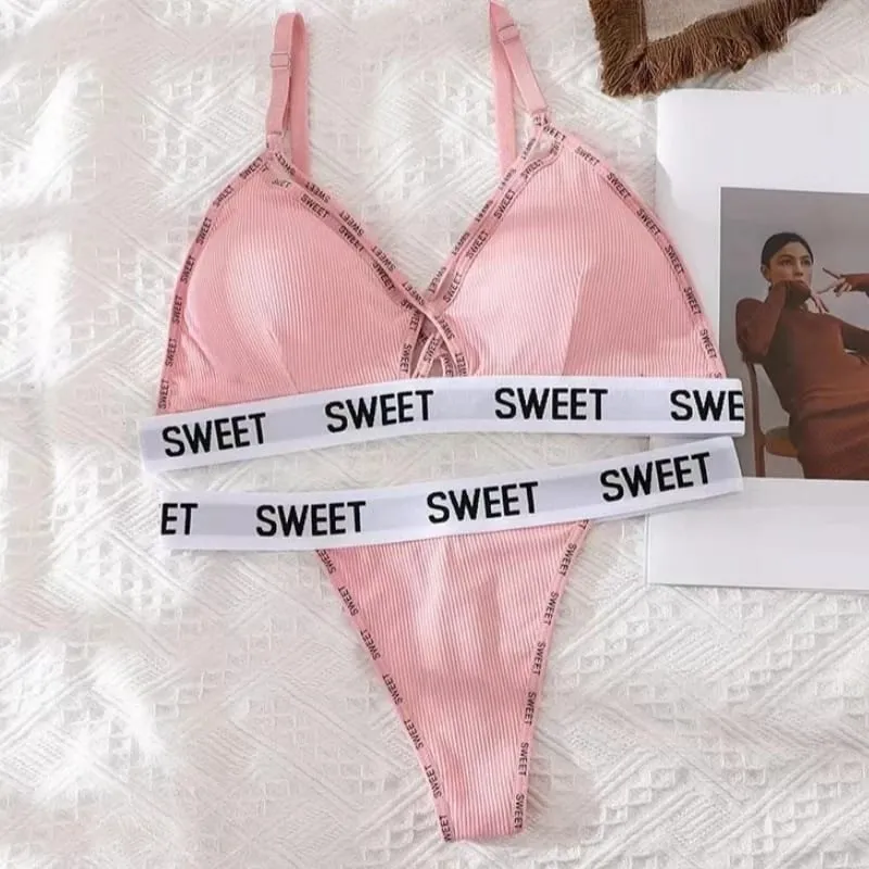 Women Padded Bra And Panties Set Front Cross Wireless Bra Low Rise G-string Female Letter Strap Underwear Sexy Lingerie Set