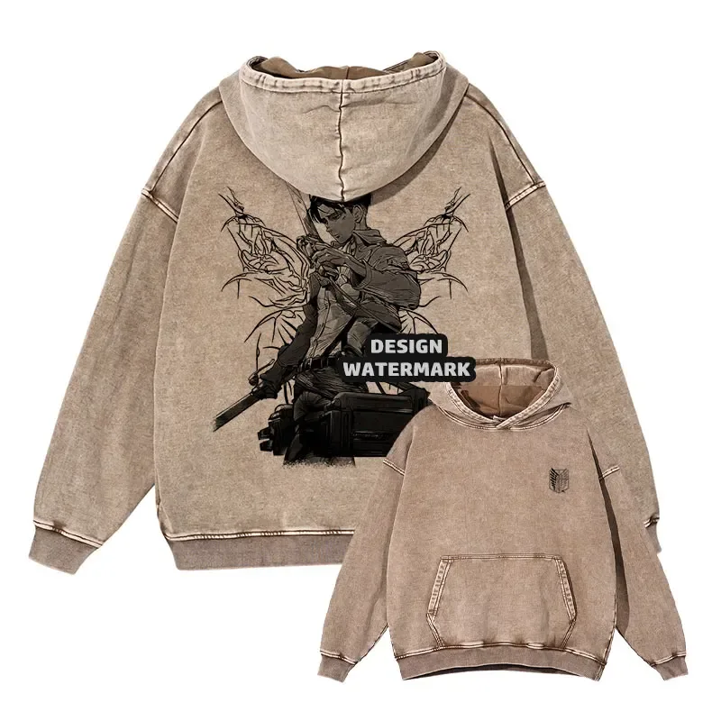 Anime Levi Hoodies Vintage Washed A-Attack on Titan Hoodie Casual Manga Yeager Eren Kapuzenpullover Titan Attack Pullover
