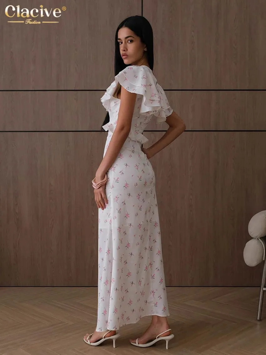 Clacive Abito da donna con stampa allentata sexy 2026 Abito estivo con scollo a V a maniche corte alla caviglia Abiti eleganti classici con volant Abito femminile