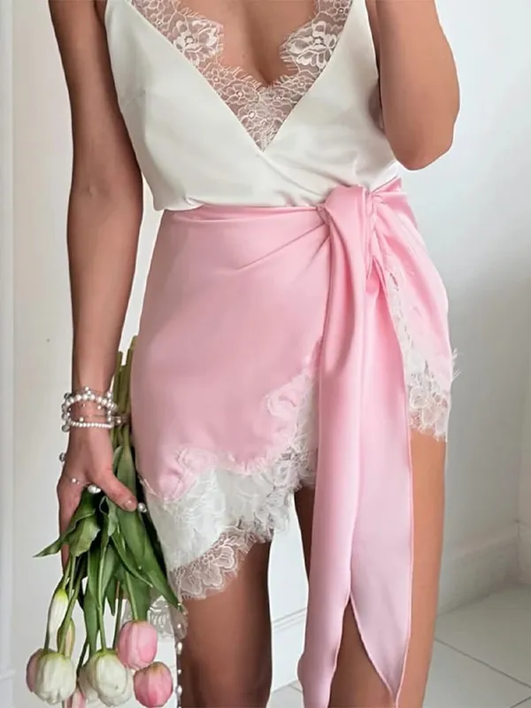 Casual Satin Lace Patchwork Dress Women Long Sleeve O-neck 2026 Spring Female Dresses Casual Solid Beach Robe not contain pearls