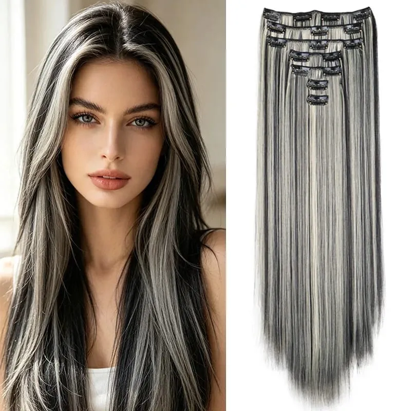 24Inch Synthetic 7pcs/set Long Straight Clip in Hair Extensions Invisible Fake Clips on Hairpieces for Women Party Daily Use