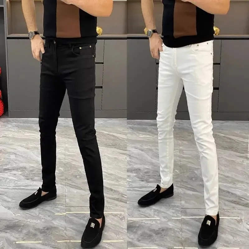 White Jeans Men's European Goods 2025 Summer New Fashion Motorcycle Boots Simple Slim Fit Elastic Versatile Small Feet Trousers