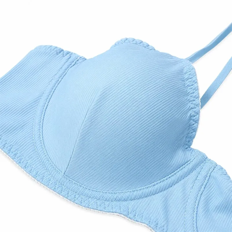 Women Solid Ribbed Lingerie Set Underwire Thin Cup Bra Matching Low Rise Thong Soft Daily Intimates