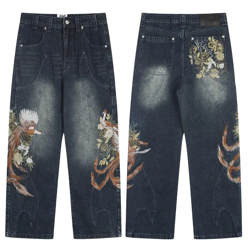 Blue Vescartes Cherry Blossom Knight Loose Straight Jeans High Quality Men Women Streetwear Fashion Denim Trousers Leather Label