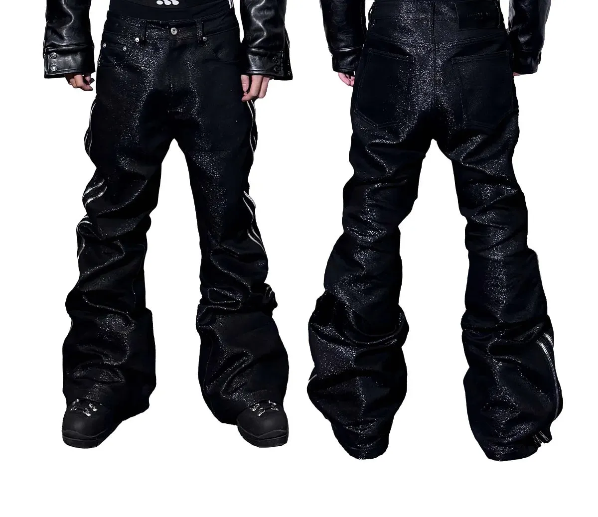 High Quality Silver Thread Woven Metal Texture Bootcut Jeans Man Side Double Zippers Gothic Punk Stacked Jeans