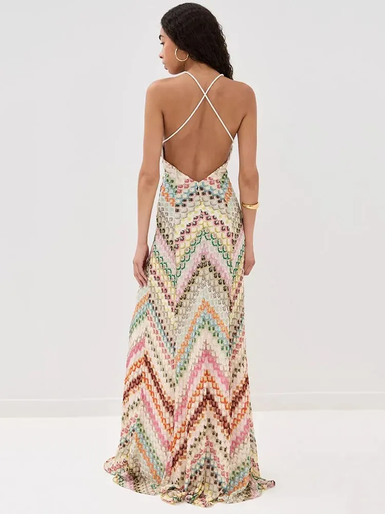 Seksi Baskı V Yaka Halter Maxi Elbise Kadın Yeni Yaz Moda Kolsuz Backless İnce Kulübü Parti Uzun Elbise