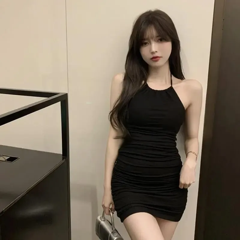 女款夏季掛脖吊帶洋裝修身修身彈性腰帶甜美2K辣妹風短裙優雅休閒D